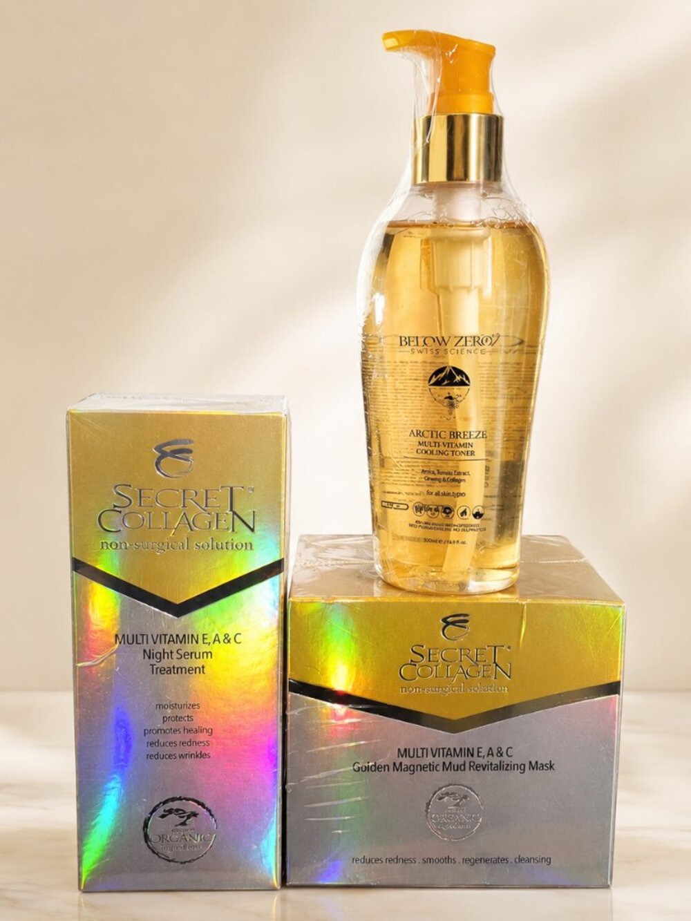Secret Collagen Mask Serum & Below Zero Toner 3PC Skincare Set Sealed